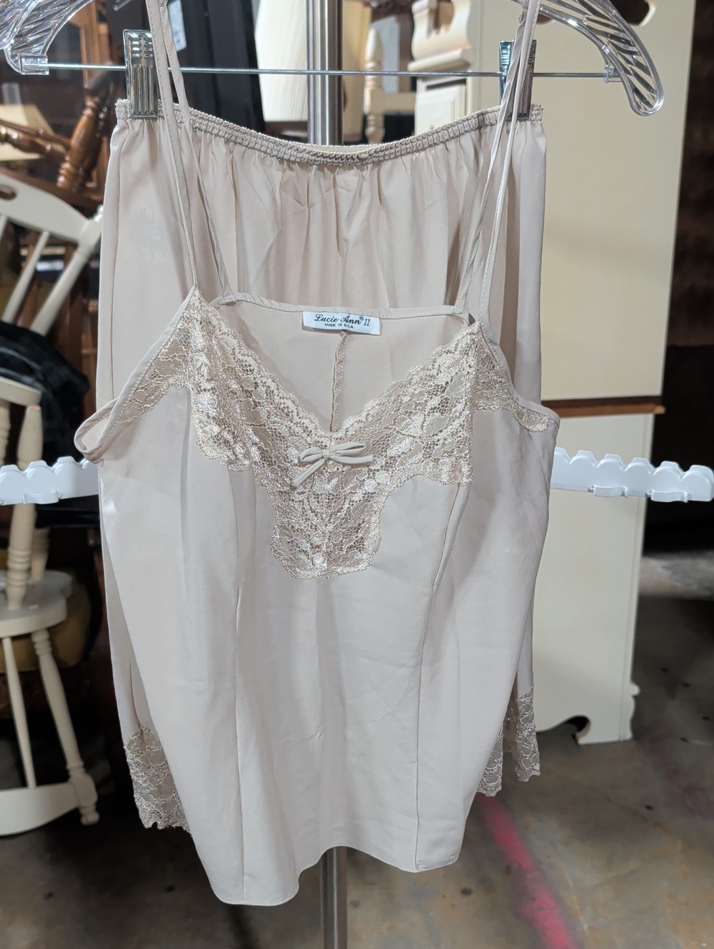 Vtg Lucie Ann II Ivory Satin Lace Trim Camisole Slip Set Coquette